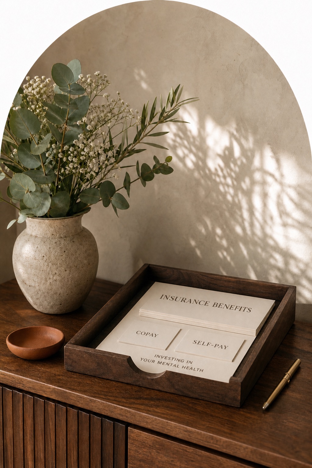 Insurance and self-pay information beside eucalyptus and baby’s breath