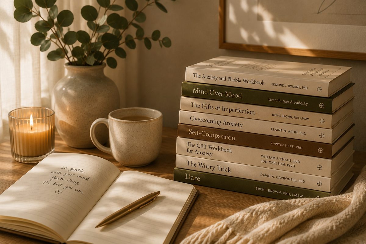 A warm therapy setting with a stack of books, eucalyptus, a candle, coffee, and an open journal.