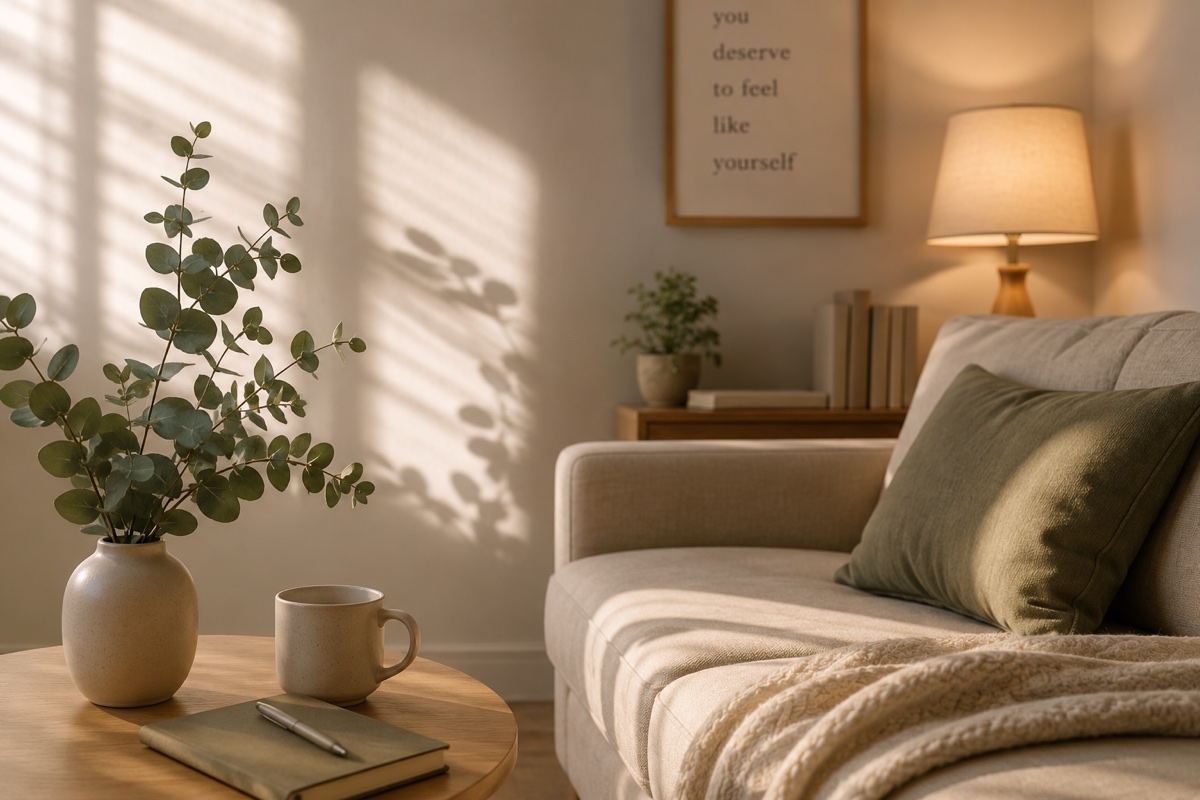 A quiet therapy space with a comfortable couch, eucalyptus, a warm lamp, and natural shadows