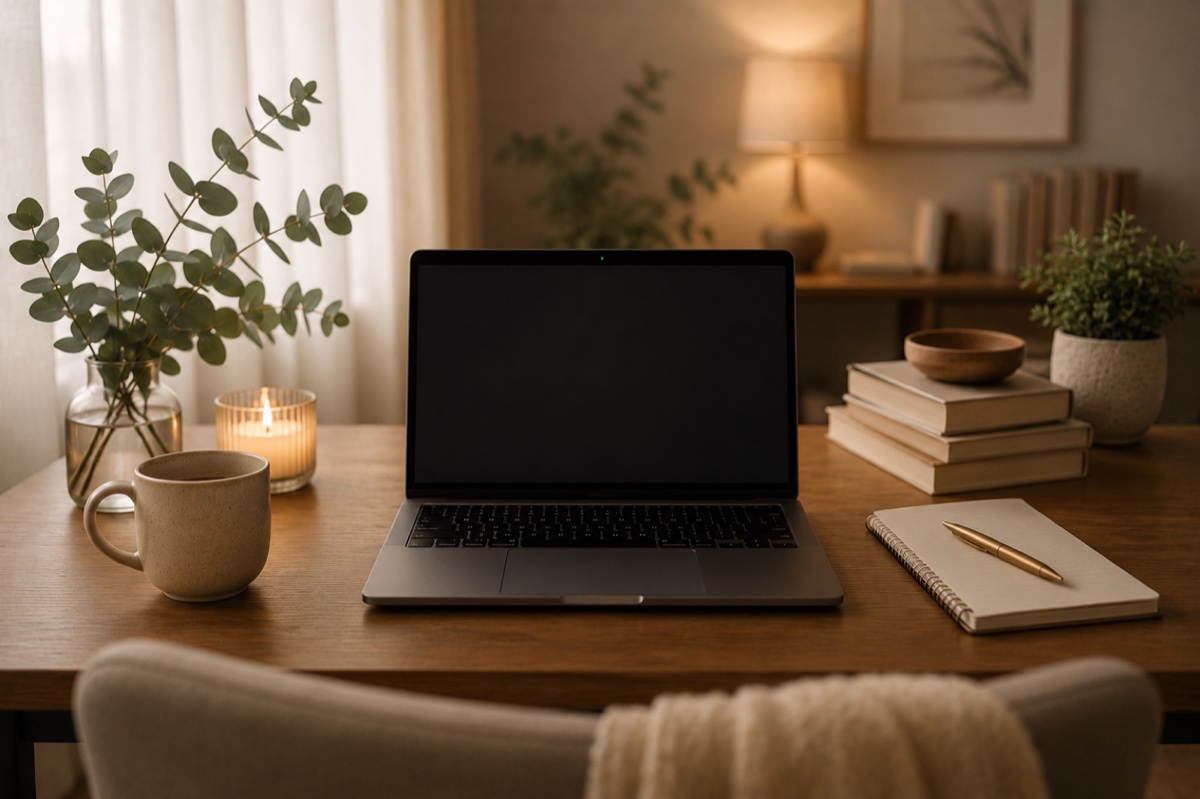 A warm, private virtual therapy setup with a laptop, coffee, notebook, and greenery