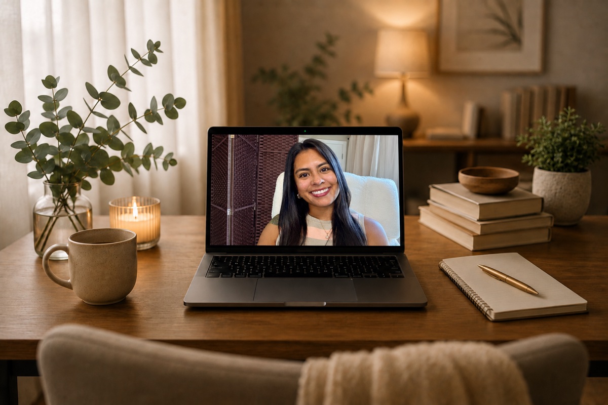 A warm virtual therapy setup with Ashley visible on the laptop screen, coffee, a notebook, and eucalyptus